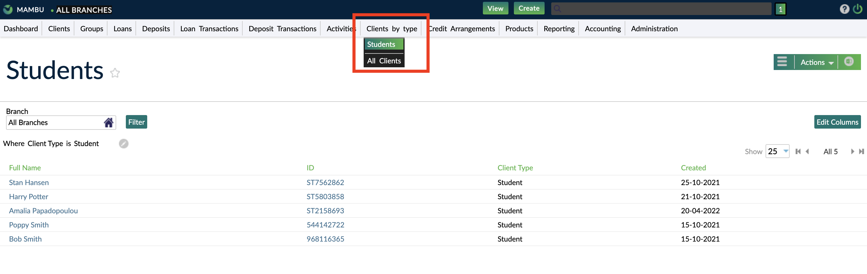 Students custom view available from clients by type menu item